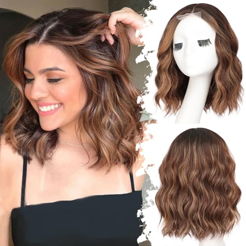 Eawwii Brown Highlight Short Wavy Wig for Women Lace Hairline Bob Style Synthetic Heat Resistant  Natural Appearance for Everyday Hairstyle 14 Inch